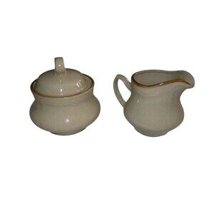 Vintage Hearthside Classics Stoneware Creamer Sugar Beige Brown Rim Japan *chip